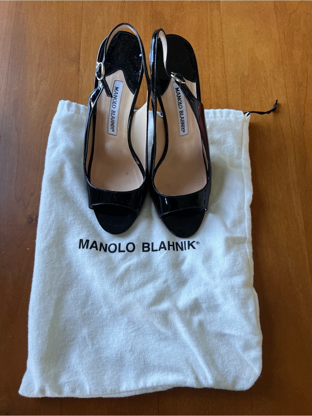 Manolo Blahnik Black Patent Slingback Peep-Toe Heels with Ankle Strap